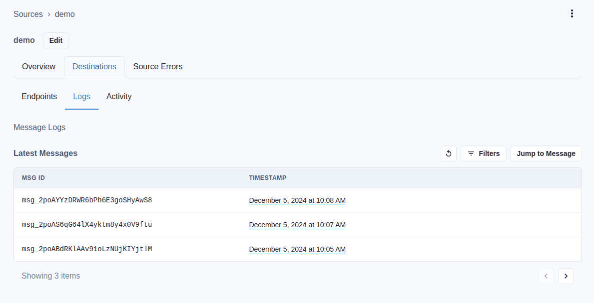 screenshot of the Ingest Dashboard showing the Destination/Logs tab for a Source named "demo"