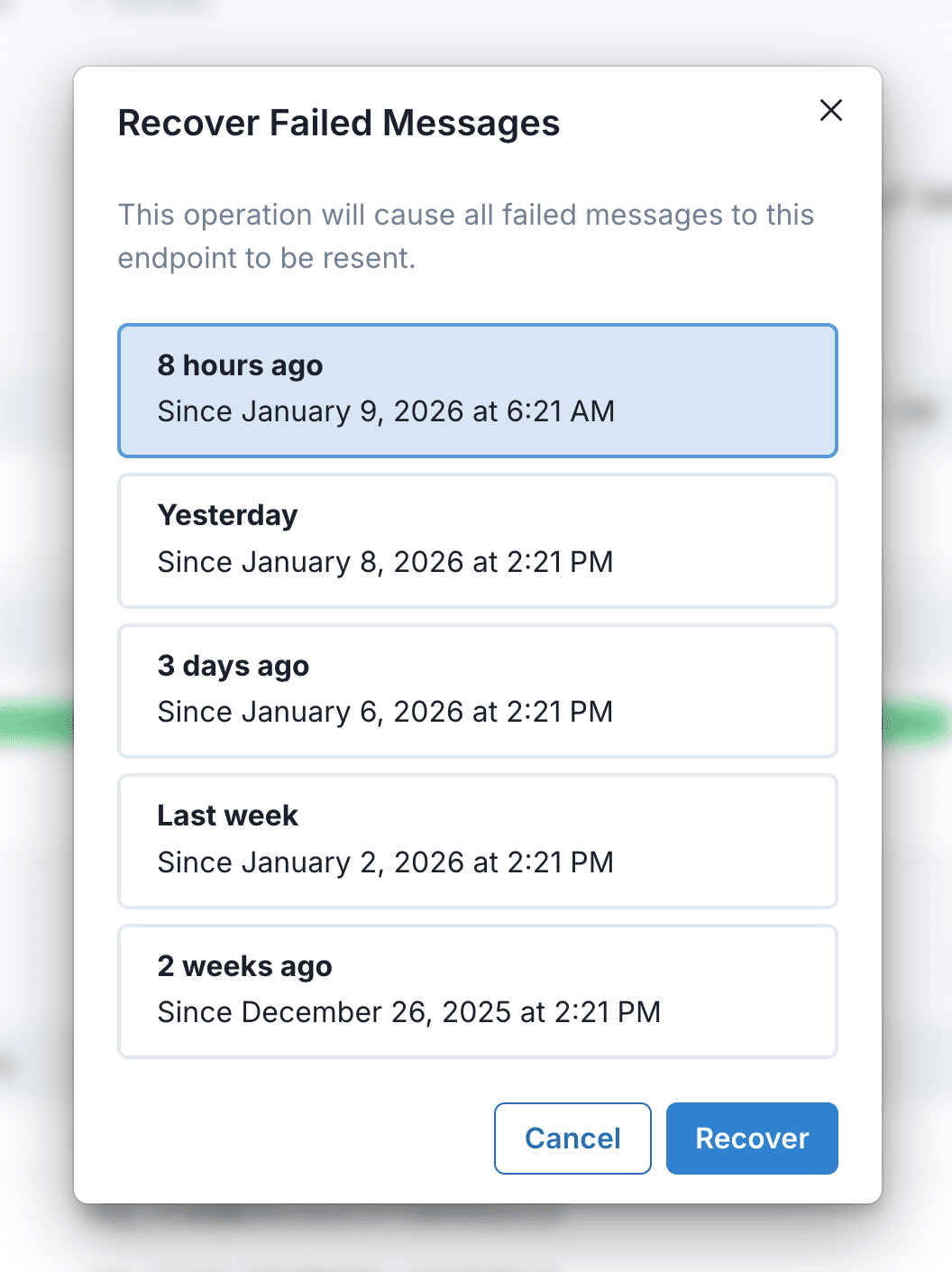 Recover failed messages dialog