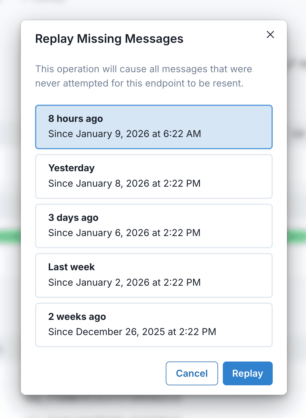 Replay missing messages dialog