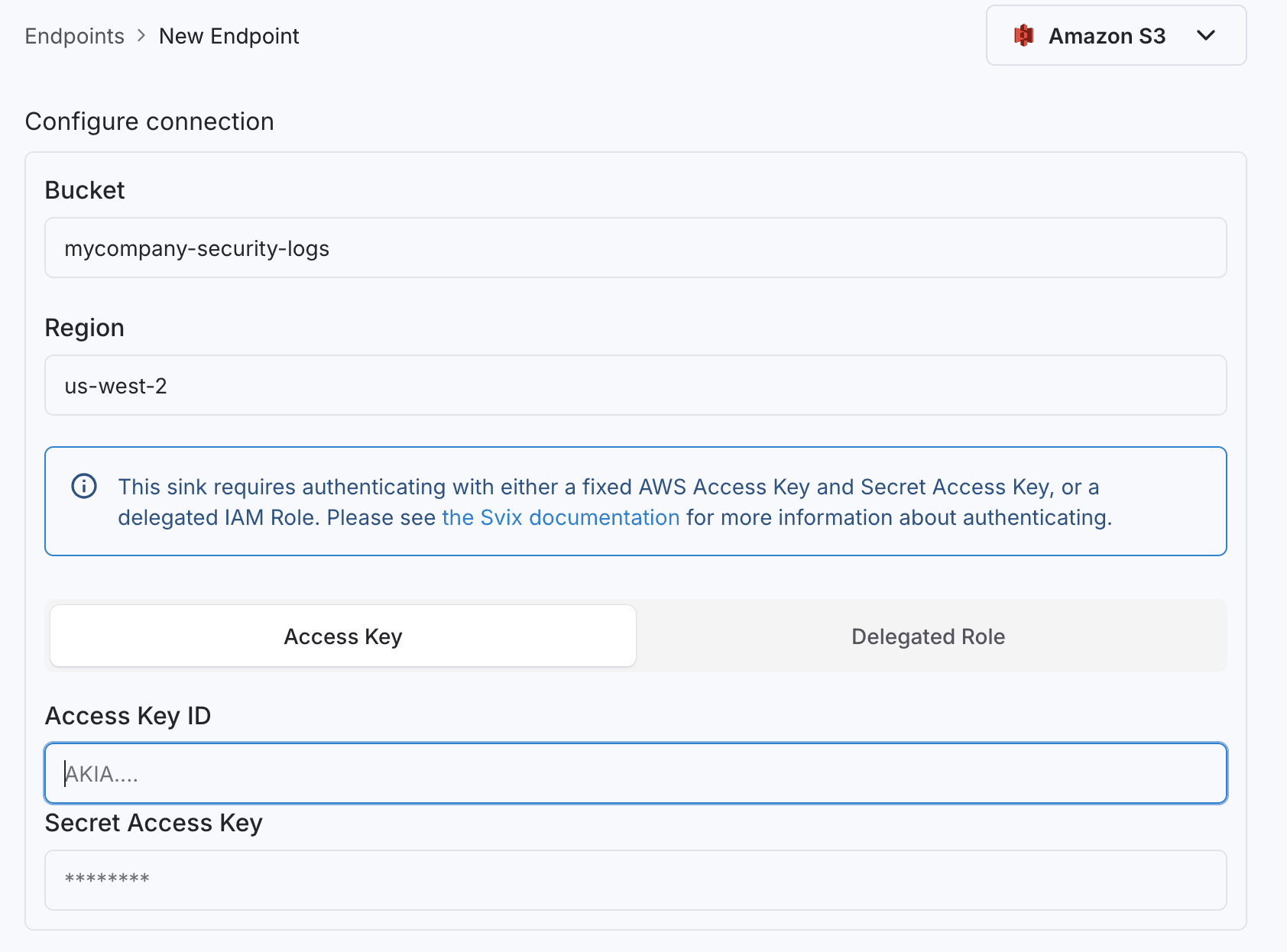Configuring an S3 sink in Svix's app portal