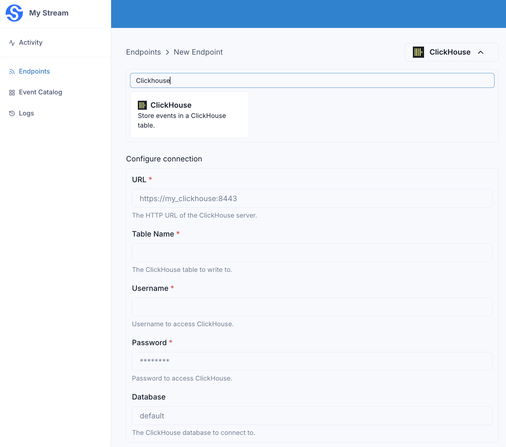 ClickHouse Endpoint Create
