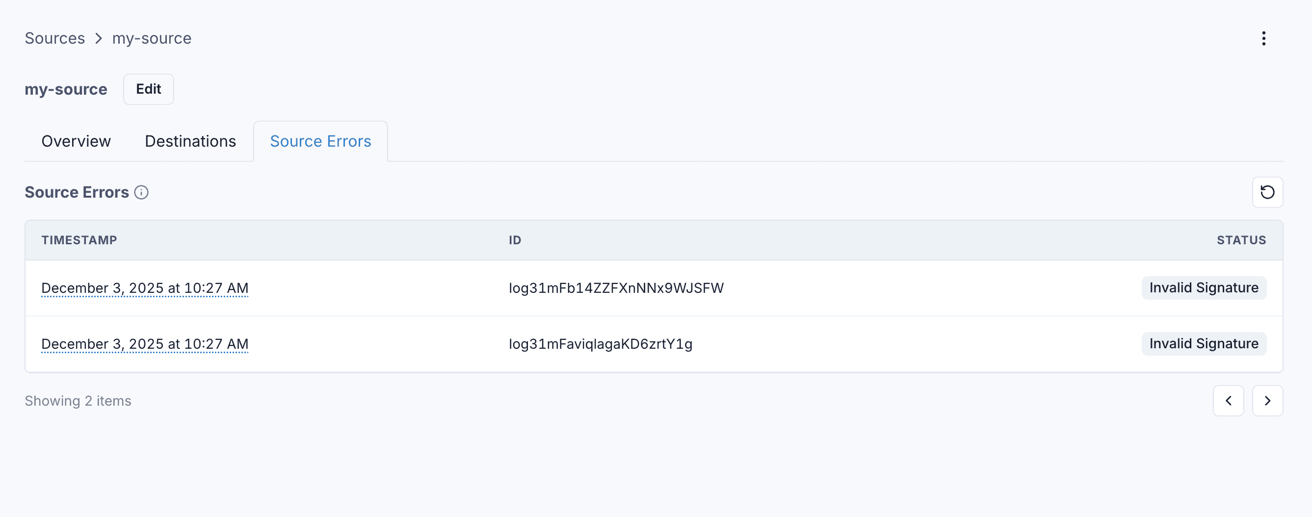 Source Errors tab