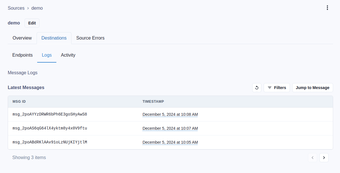 screenshot of the Ingest Dashboard showing the Destination/Logs tab for a Source named &quot;demo&quot;