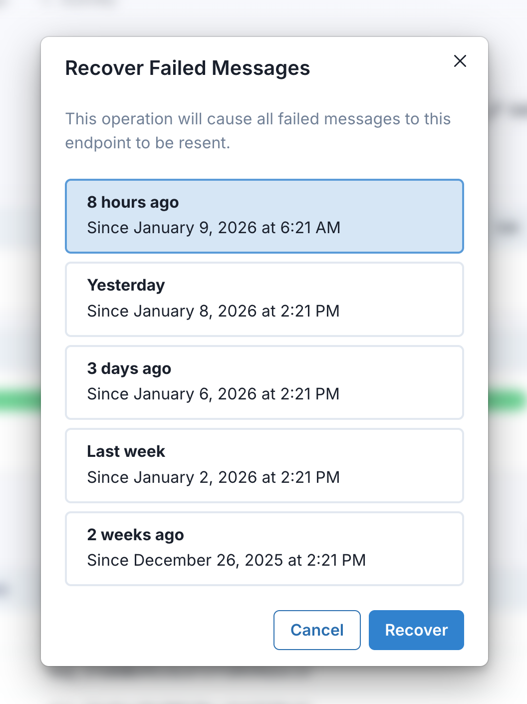 Recover failed messages dialog